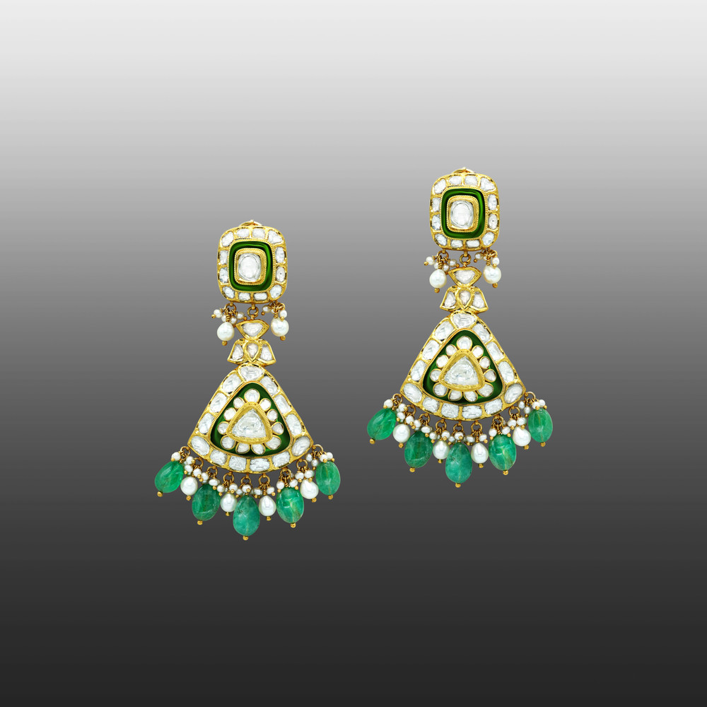 Polki Choker Set with Green Enamel and Emerald Drop Details